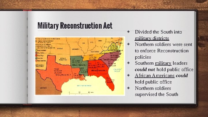 Military Reconstruction Act ◈ Divided the South into military districts ◈ Northern soldiers were