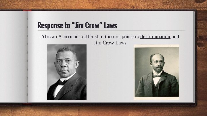 Response to “Jim Crow” Laws African Americans differed in their response to discrimination and