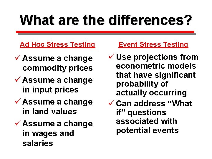 What are the differences? Ad Hoc Stress Testing ü Assume a change commodity prices