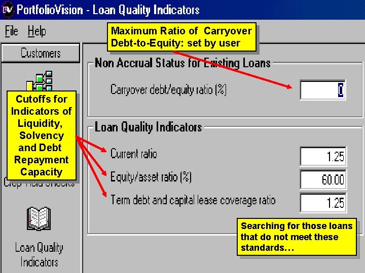 Maximum Ratio of Carryover Debt-to-Equity: set by user Cutoffs for Indicators of Liquidity, Solvency