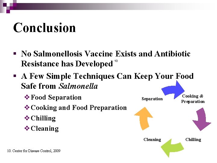 Conclusion § No Salmonellosis Vaccine Exists and Antibiotic Resistance has Developed § A Few