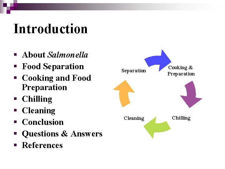 Introduction § About Salmonella § Food Separation § Cooking and Food Preparation § Chilling