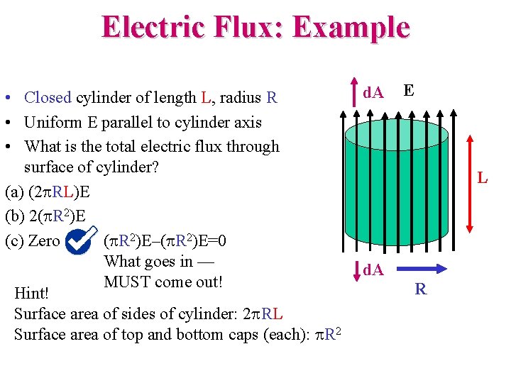 Electric Flux: Example • Closed cylinder of length L, radius R • Uniform E