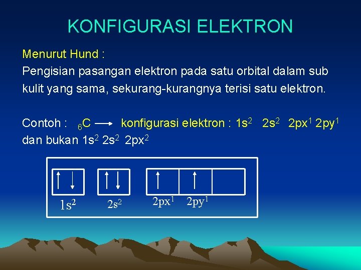 KONFIGURASI ELEKTRON Menurut Hund : Pengisian pasangan elektron pada satu orbital dalam sub kulit