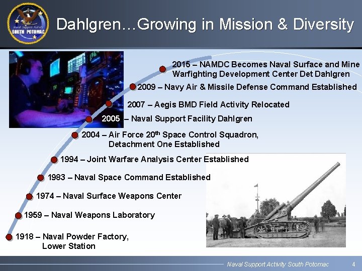 Dahlgren…Growing in Mission & Diversity 2015 – NAMDC Becomes Naval Surface and Mine Warfighting Dahlgren…Growing in Mission & Diversity 2015 – NAMDC Becomes Naval Surface and Mine Warfighting