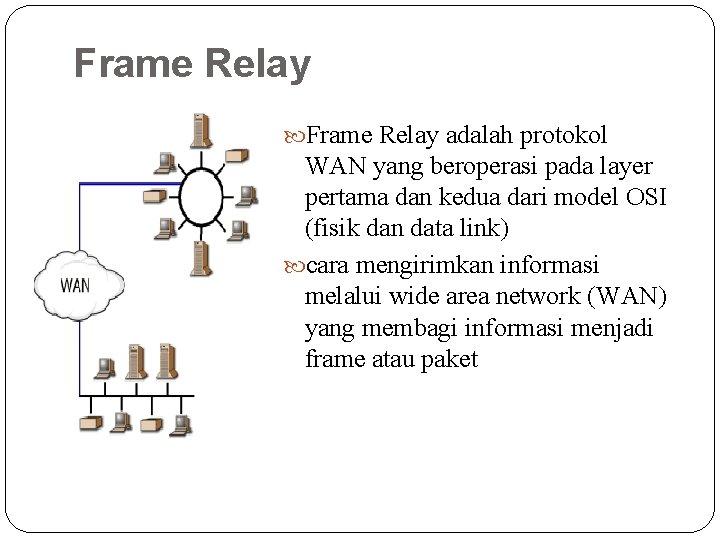 Frame Relay adalah protokol WAN yang beroperasi pada layer pertama dan kedua dari model