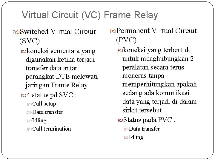 Virtual Circuit (VC) Frame Relay Switched Virtual Circuit Permanent Virtual Circuit (SVC) (PVC) koneksi
