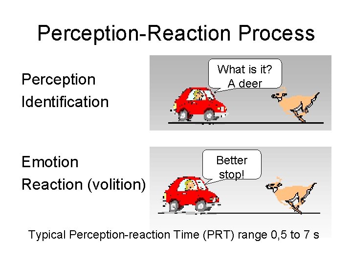 Perception-Reaction Process Perception Identification Emotion Reaction (volition) What is it? A deer Better stop!
