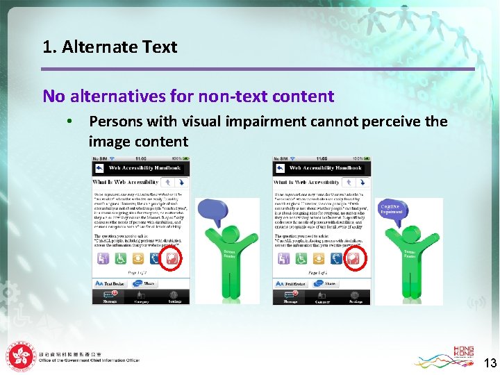 1. Alternate Text No alternatives for non-text content • Persons with visual impairment cannot
