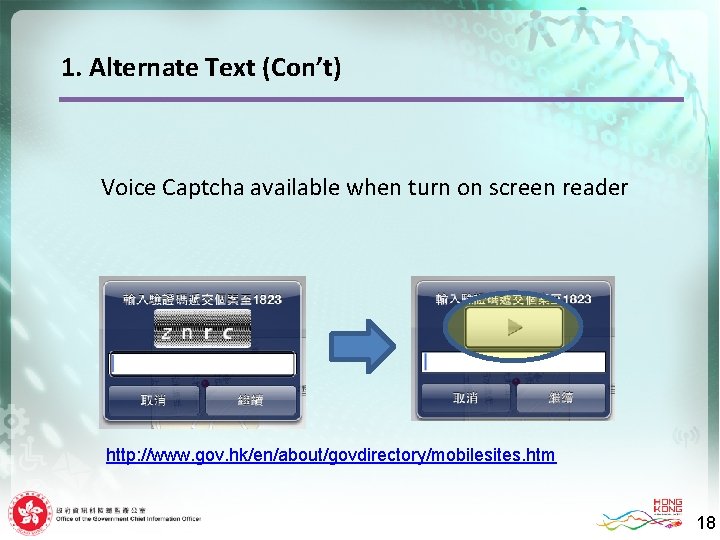1. Alternate Text (Con’t) Voice Captcha available when turn on screen reader http: //www.