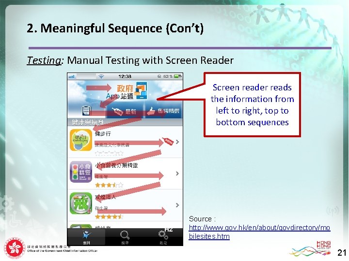 2. Meaningful Sequence (Con’t) Testing: Manual Testing with Screen Reader Screen reader reads the