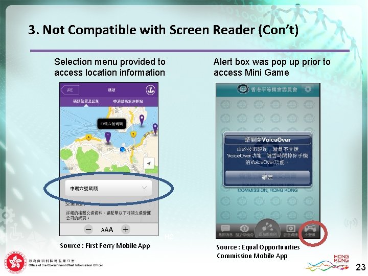 3. Not Compatible with Screen Reader (Con’t) Selection menu provided to access location information
