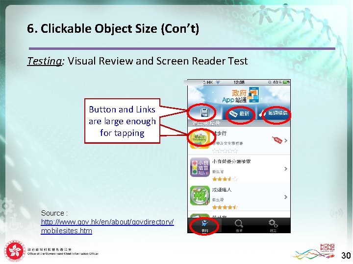 6. Clickable Object Size (Con’t) Testing: Visual Review and Screen Reader Test Button and