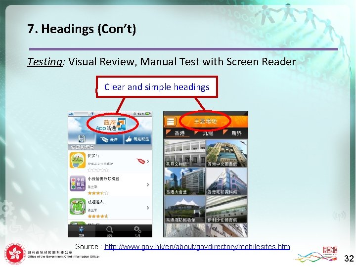 7. Headings (Con’t) Testing: Visual Review, Manual Test with Screen Reader Clear and simple