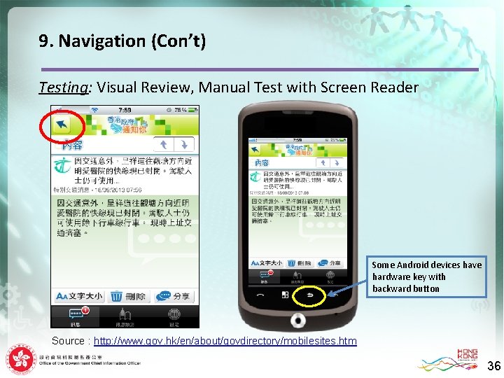 9. Navigation (Con’t) Testing: Visual Review, Manual Test with Screen Reader Some Android devices
