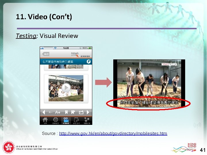 11. Video (Con’t) Testing: Visual Review Source : http: //www. gov. hk/en/about/govdirectory/mobilesites. htm 41