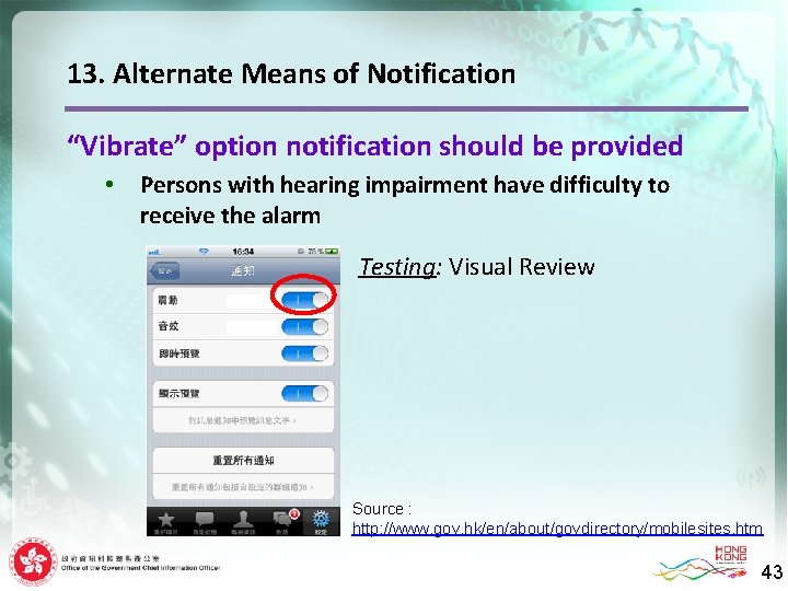 13. Alternate Means of Notification “Vibrate” option notification should be provided • Persons with