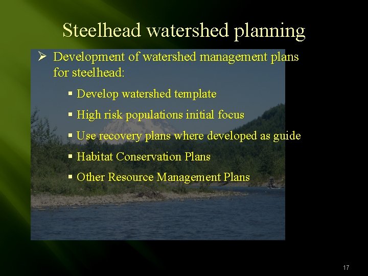 Steelhead watershed planning Ø Development of watershed management plans for steelhead: § Develop watershed