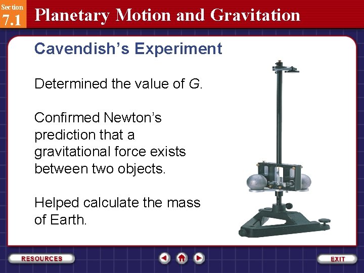 Section 7. 1 Planetary Motion and Gravitation Cavendish’s Experiment Determined the value of G.