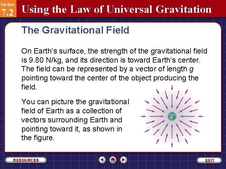 Section 7. 2 Using the Law of Universal Gravitation The Gravitational Field On Earth’s