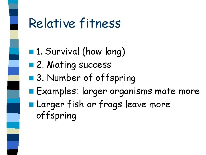 Relative fitness n 1. Survival (how long) n 2. Mating success n 3. Number