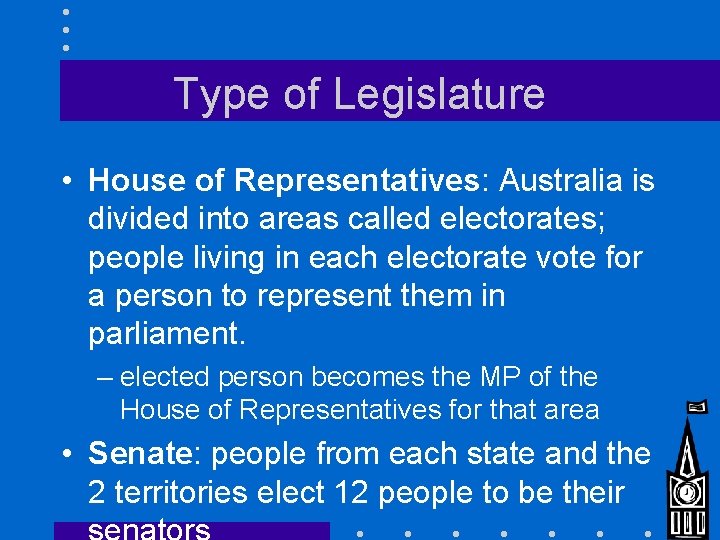 Type of Legislature • House of Representatives: Australia is divided into areas called electorates; Type of Legislature • House of Representatives: Australia is divided into areas called electorates;
