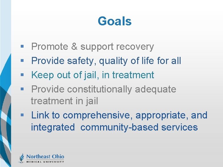Goals § § Promote & support recovery Provide safety, quality of life for all