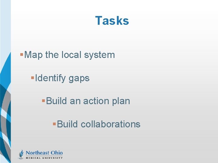 Tasks §Map the local system §Identify gaps §Build an action plan §Build collaborations 