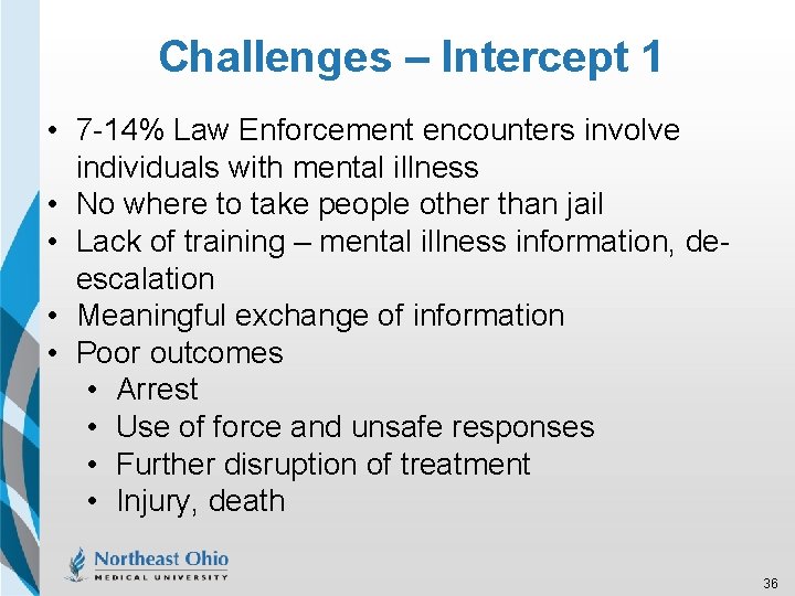 Challenges – Intercept 1 • 7 -14% Law Enforcement encounters involve individuals with mental