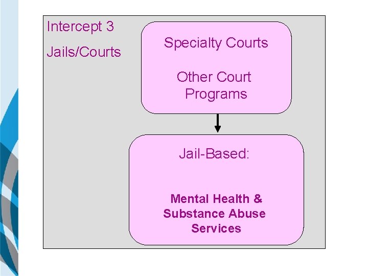 Intercept 3 Jails/Courts Specialty Courts Other Court Programs Jail-Based: Mental Health & Substance Abuse