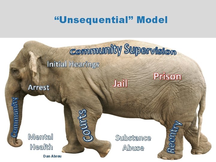 “Unsequential” Model Initial Hearings Arrest Jail Mental Health Substance Abuse Dan Abreu Prison 