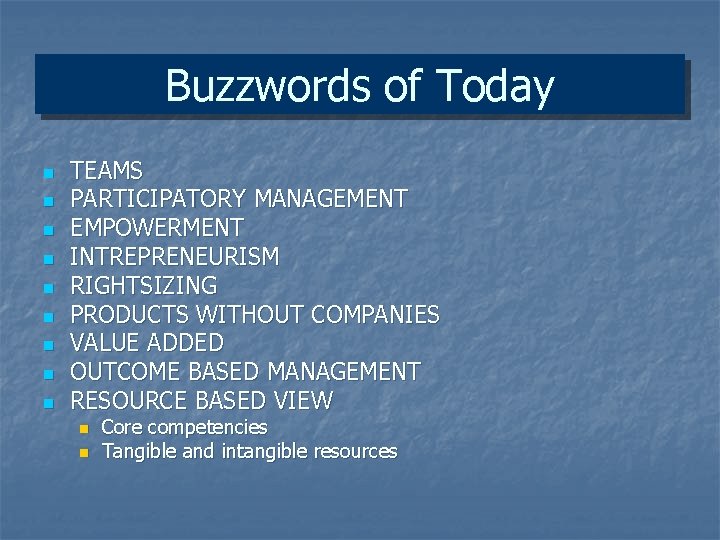 Buzzwords of Today n n n n n TEAMS PARTICIPATORY MANAGEMENT EMPOWERMENT INTREPRENEURISM RIGHTSIZING