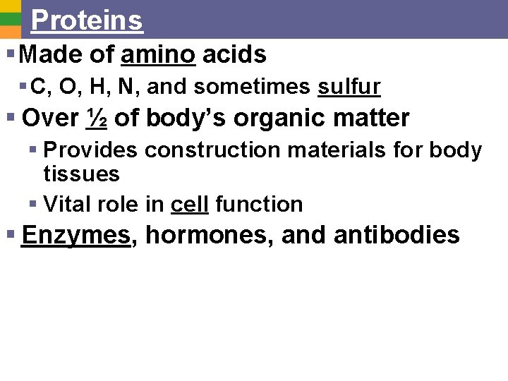 Proteins § Made of amino acids § C, O, H, N, and sometimes sulfur