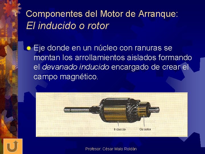 Componentes del Motor de Arranque: El inducido o rotor ® Eje donde en un