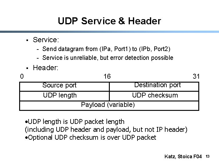 UDP Service & Header § Service: - Send datagram from (IPa, Port 1) to