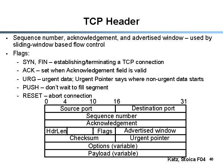 TCP Header § § Sequence number, acknowledgement, and advertised window – used by sliding-window