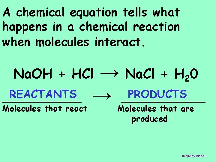 A chemical equation tells what happens in a chemical reaction when molecules interact. →