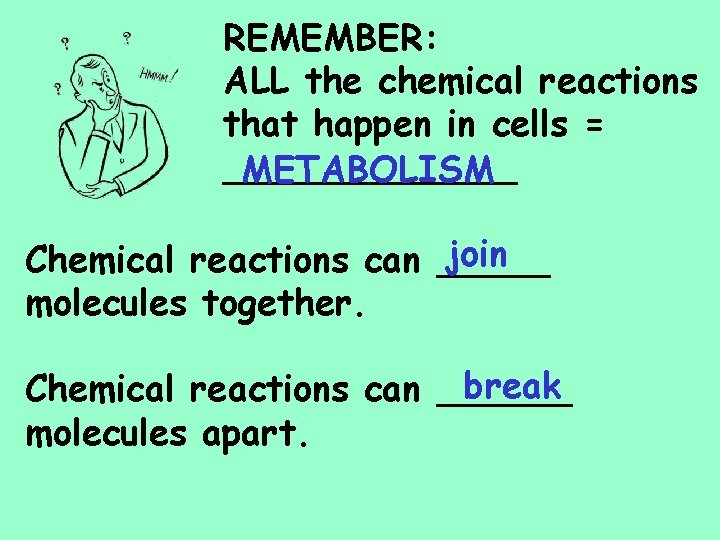REMEMBER: ALL the chemical reactions that happen in cells = _______ METABOLISM join Chemical