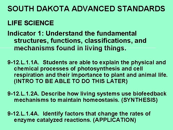 SOUTH DAKOTA ADVANCED STANDARDS LIFE SCIENCE Indicator 1: Understand the fundamental structures, functions, classifications,