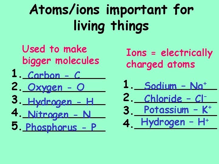 Atoms/ions important for living things Used to make bigger molecules 1. ______ Carbon -