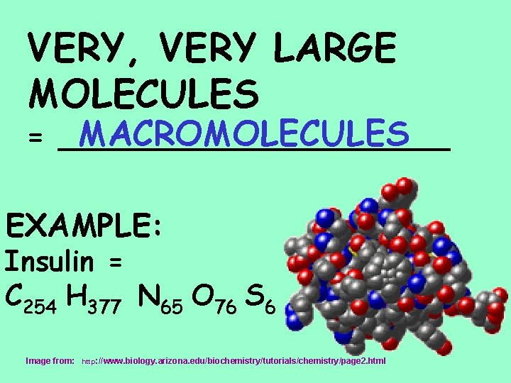 VERY, VERY LARGE MOLECULES MACROMOLECULES = __________ EXAMPLE: Insulin = C 254 H 377