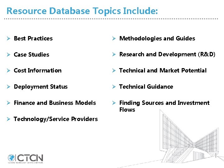 Resource Database Topics Include: Ø Best Practices Ø Methodologies and Guides Ø Case Studies