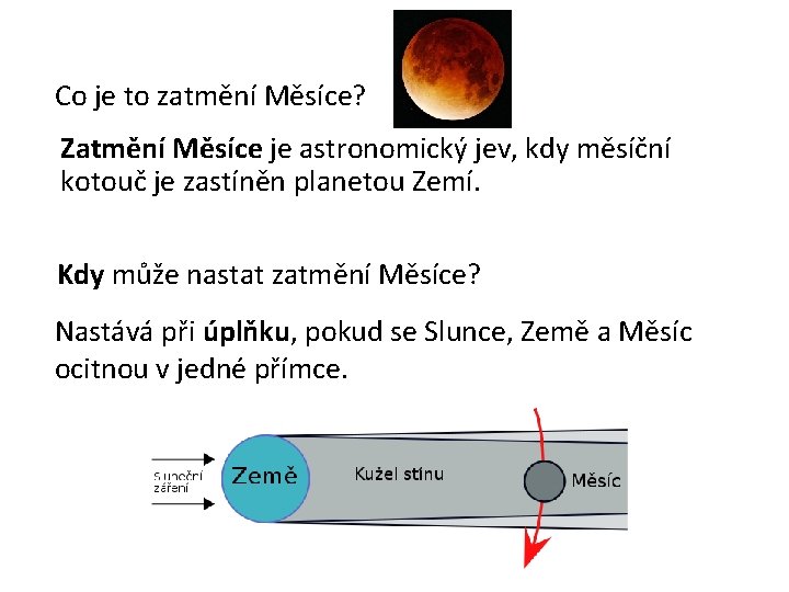 Co je to zatmění Měsíce? Zatmění Měsíce je astronomický jev, kdy měsíční kotouč je