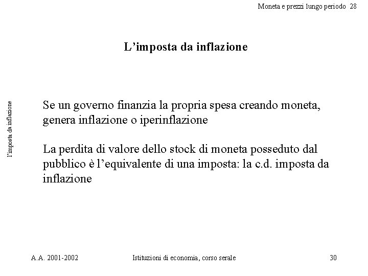 Moneta e prezzi lungo periodo 28 l’imposta da inflazione L’imposta da inflazione Se un