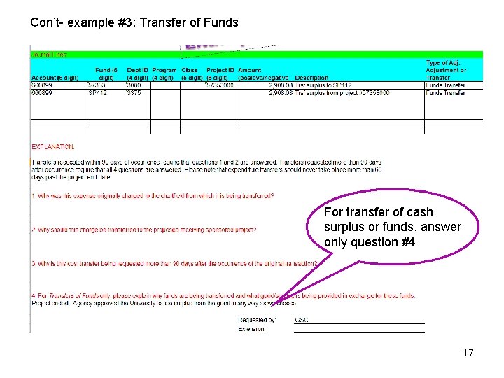Con’t- example #3: Transfer of Funds For transfer of cash surplus or funds, answer
