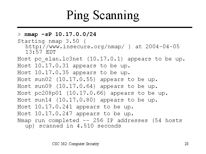 Ping Scanning > nmap -s. P 10. 17. 0. 0/24 Starting nmap 3. 50