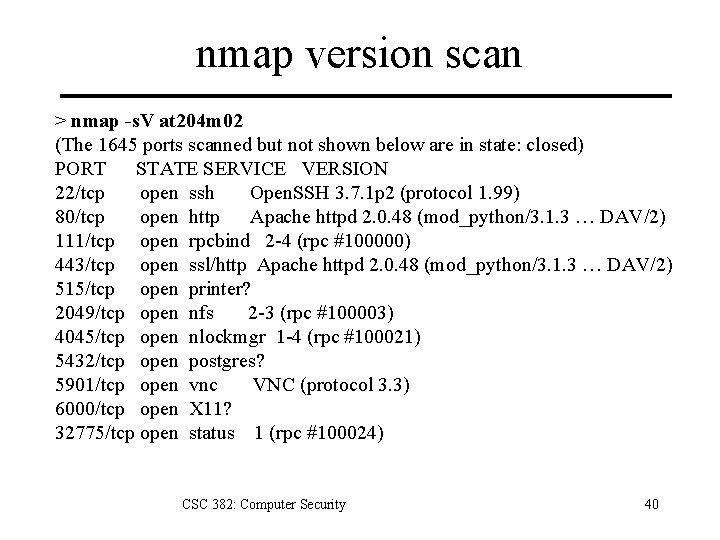 nmap version scan > nmap -s. V at 204 m 02 (The 1645 ports