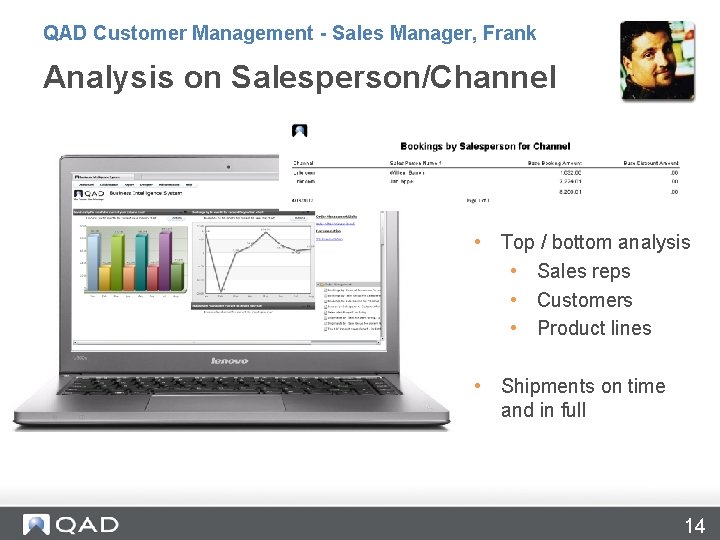QAD Customer Management - Sales Manager, Frank Analysis on Salesperson/Channel • Top / bottom