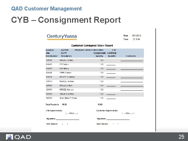 QAD Customer Management CYB – Consignment Report 25 