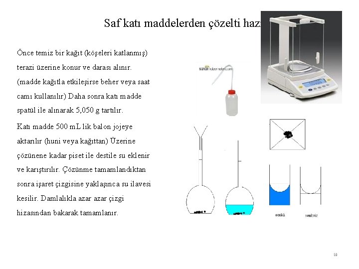 Saf katı maddelerden çözelti hazırlama Önce temiz bir kağıt (köşeleri katlanmış) terazi üzerine konur